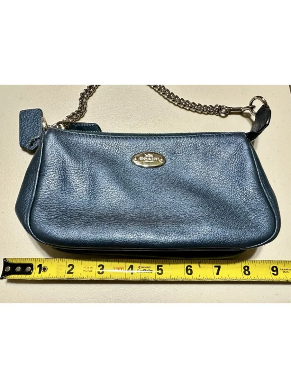 Coach Nolita mini handbag pebbled leather metallic blue chain strap wristlet